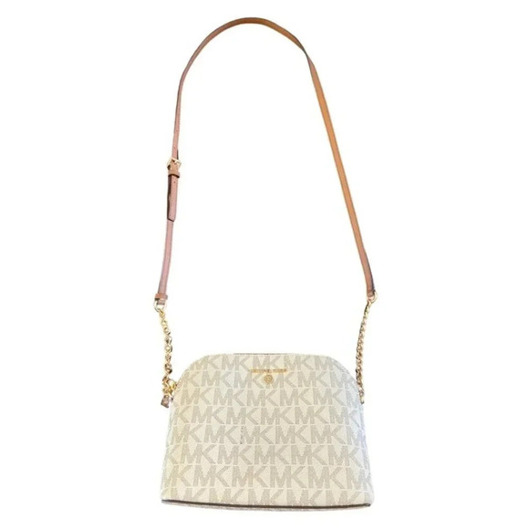 Michael Kors Dome Crossbody Bag Signature Logo Brown Leather Strap Gold Details - Picture 1 of 15